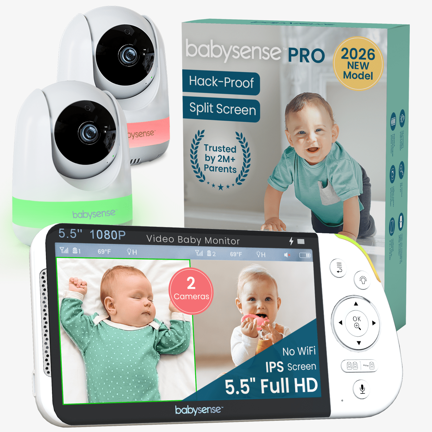 Babysense PRO Split-Screen Video Monitor (2-Camera Bundle)