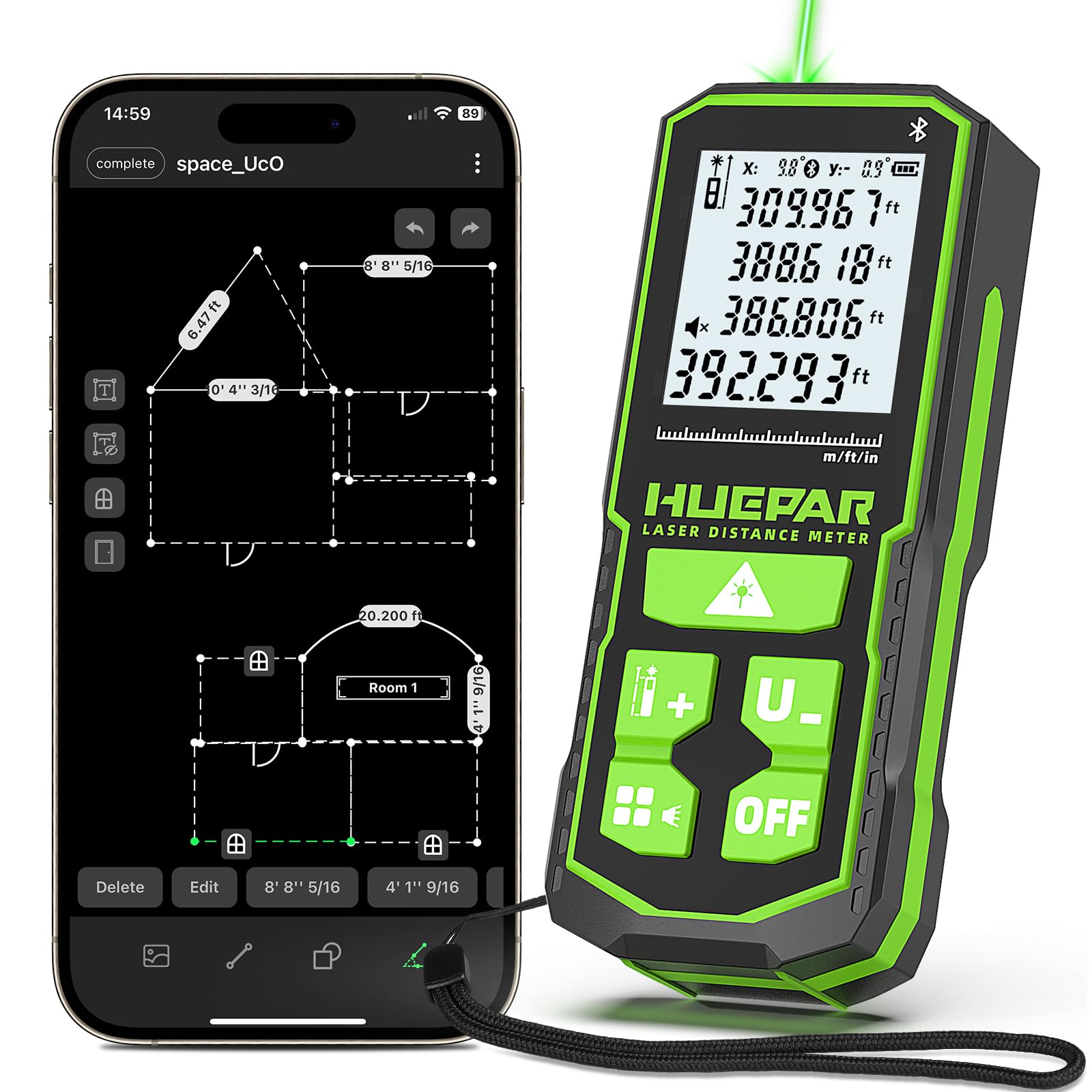 Huepar S120G-BT 395 ft. Bluetooth Green-Laser Distance Meter