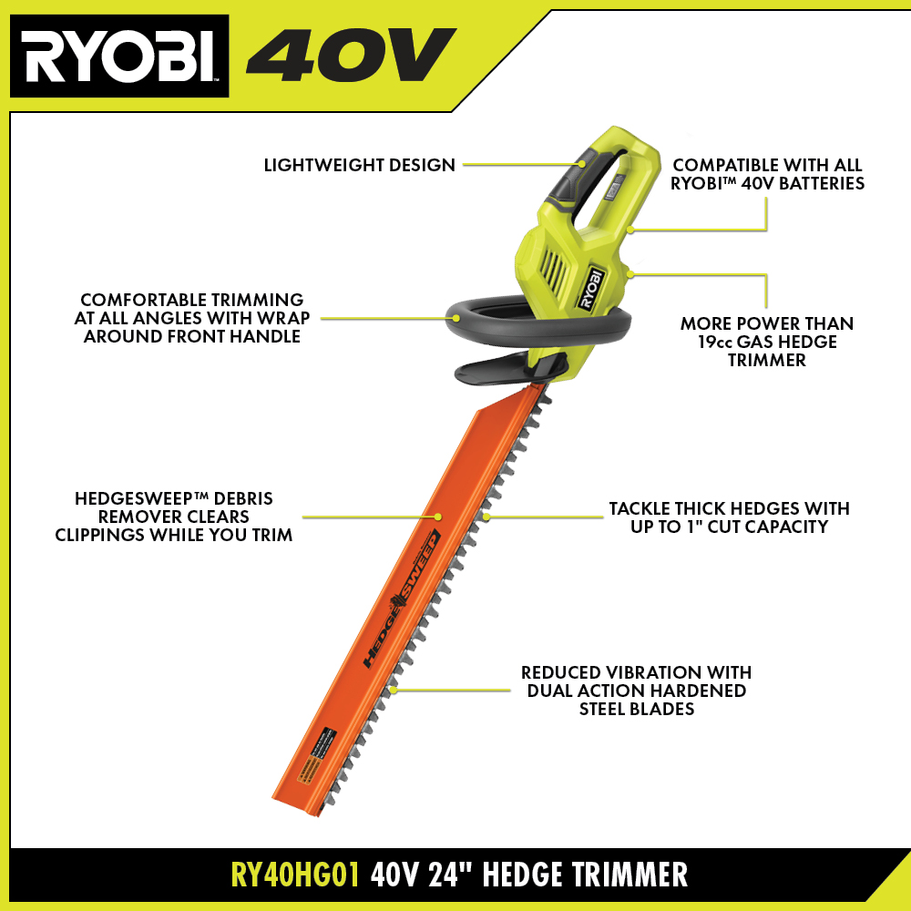 Ryobi RY40610A 40V 24" Cordless Hedge Trimmer Kit